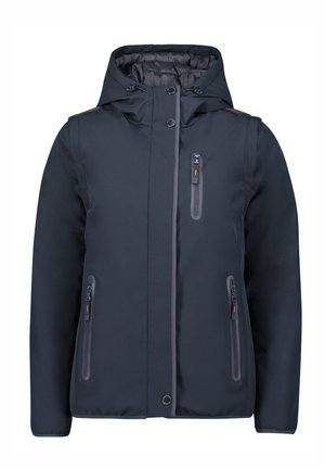 Veste imperméable marine avec capuche, fermeture éclair à l'avant et trois poches zippées. Elle présente une texture lisse et des accents gris le long des coutures.