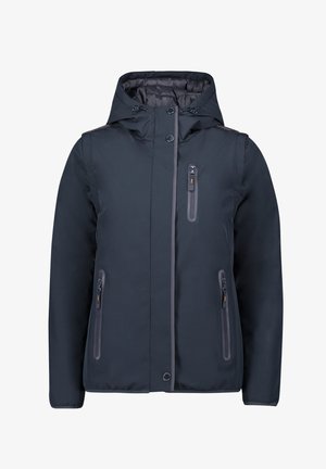 Granatowa wodoodporna kurtka z kapturem, zapinana na zamek błyskawiczny z przodu, posiadająca trzy kieszenie na zamek. Charakteryzuje się gładką fakturą i szarymi akcentami wzdłuż szwów.