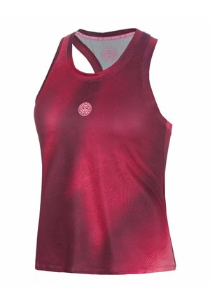 Top sportivo senza maniche di colore rosso scuro con un piccolo logo circolare sul petto e design racerback.