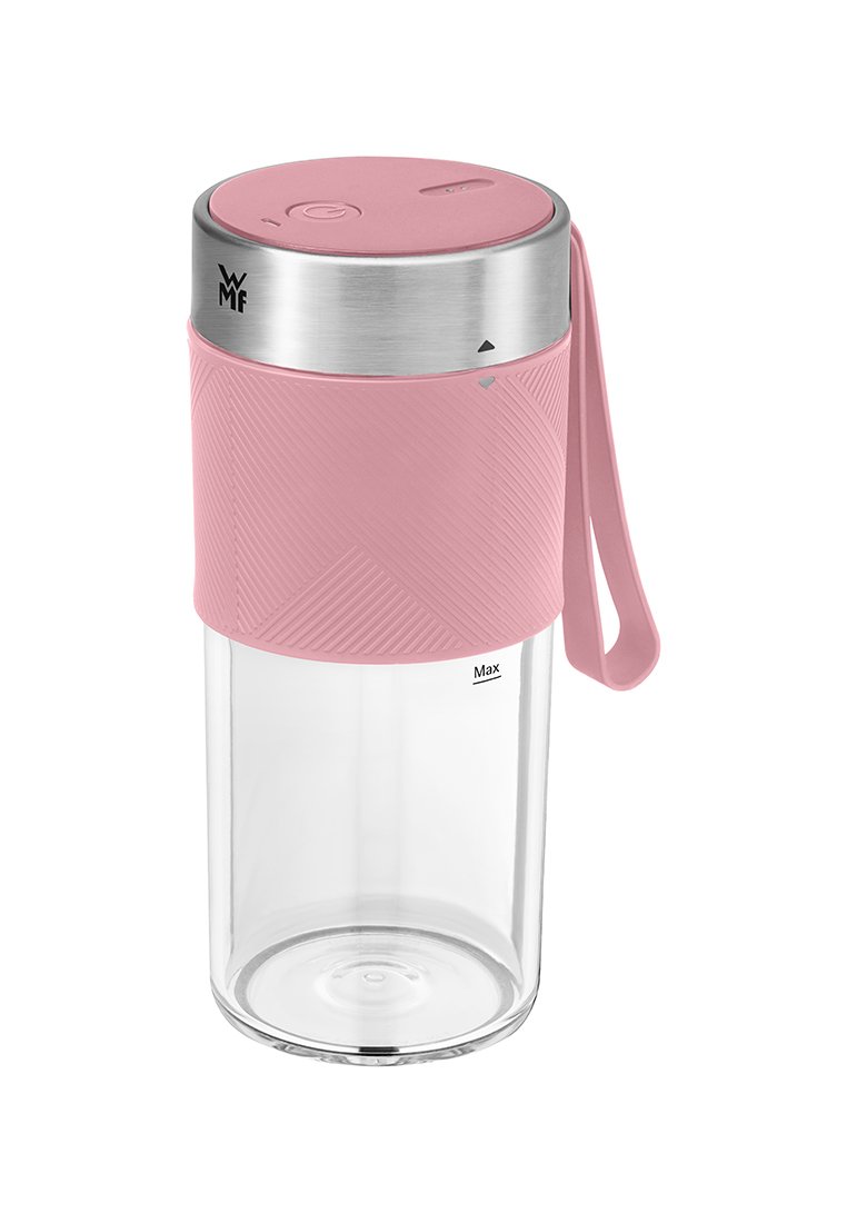 Tragbare klare Glasflasche mit pinkem Silikongriff, rostfreier Stahl-Schraubverschluss mit Power-Knopf und passendem pinken Tragegurt.
