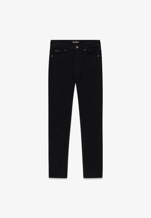 Jeans neri in denim; design slim fit con cinque tasche, chiusura a zip e bottoni in metallo. Tessuto liscio, senza motivi visibili.