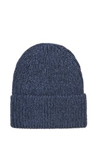 Marinblå stickad mössa med ribbad mudd, som har ett texturerat mönster. Mjuk material och något töjbar design för en tät passform.