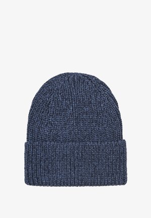 Marineblaue Strickmütze mit geripptem Bündchen, das ein strukturiertes Muster aufweist. Weiches Material und leicht dehnbares Design für einen enganliegenden Sitz.