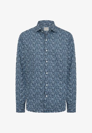 Camicia navy con bottoni caratterizzata da un piccolo motivo floreale in azzurro chiaro e bianco. Maniche lunghe, colletto standard e tessuto morbido.