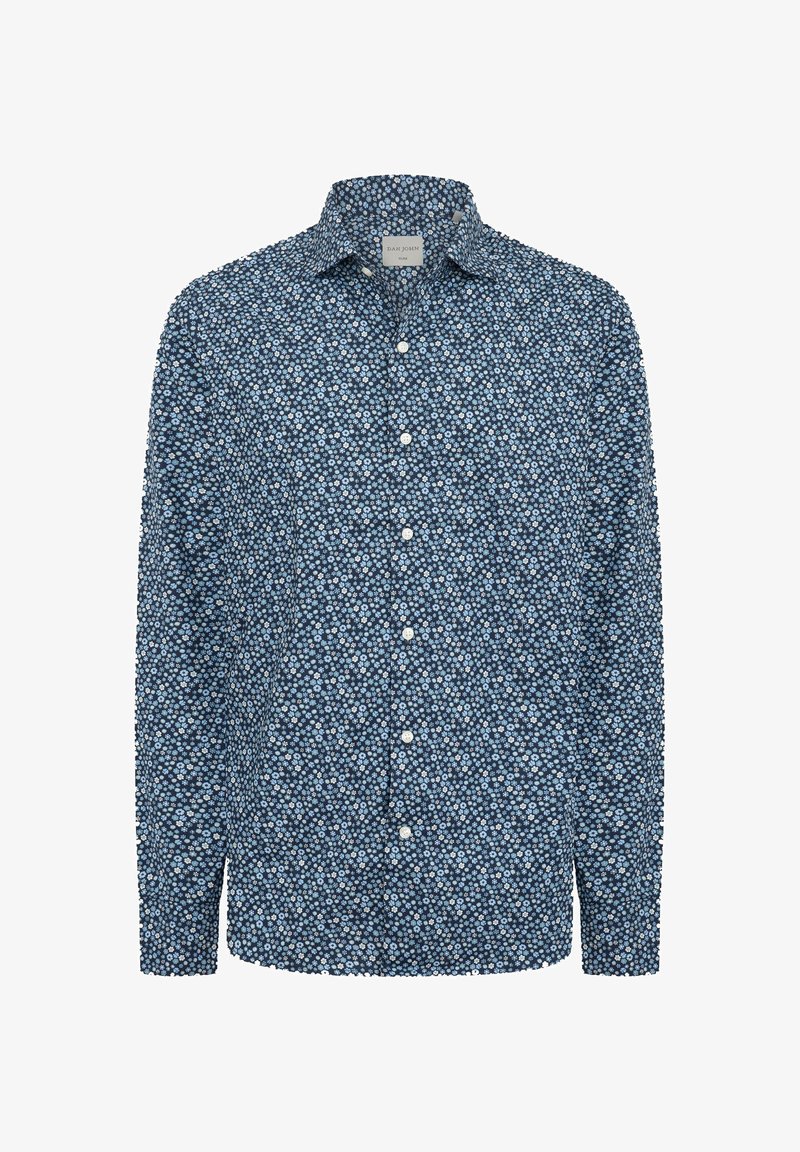 Granatowa koszula zapinana na guziki z małym kwiatowym wzorem w jasnoniebieskim i białym kolorze. Długie rękawy, standardowy kołnierzyk i miękka tekstura materiału.