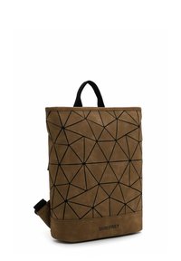 Brown backpack with black geometric lines, black handle, single adjustable strap, and "SURI FREY" logo on bottom front.