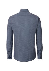 Langärmeliges Hemd in Marineblau mit geometrischem Muster. Hemdkragen und Manschetten mit Knöpfen. Weicher Stoff, schmale Passform, mit glatter Textur.