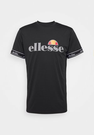 Must have mustat lühikesed varrukad t-särk, mis on valmistatud siledast kangast. T-särgi ees on suur hall "ellesse" logo ja värviline poolringikujuline aktsent.