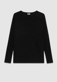 Schwarzer Strickpullover mit Rundhalsausschnitt, langen Ärmeln und silbernen Sprenkeln für zusätzliche Textur und visuelles Interesse.