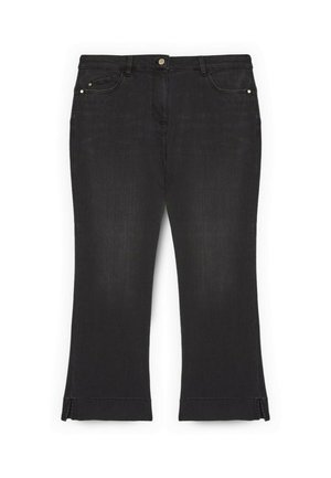 Jean en denim noir avec une conception classique à cinq poches, doté d'une fermeture par bouton, de coutures discrètes et de fentes à l'ourlet.