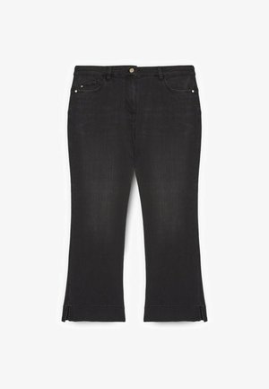 Schwarze Jeans aus Denim mit klassischem Fünf-Taschen-Design, ausgestattet mit einem Knopfverschluss, dezenten Nähten und Schlitzen am Saum.