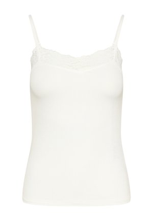 White ribbed camisole with adjustable spaghetti straps and delicate lace trim along the neckline. Soft, stretchy material. Fitted design.