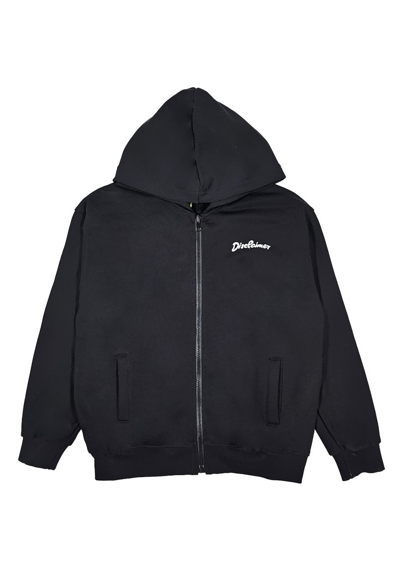 Felpa nera con zip realizzata in morbido misto cotone. Caratterizzata da un grande cappuccio, tasche laterali e ricamo della scritta "Disclaimer" sul petto.