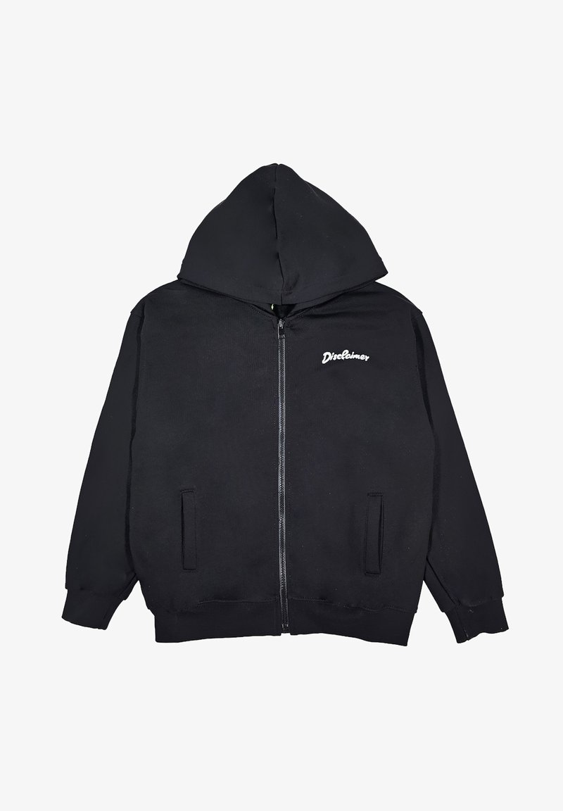 Felpa nera con zip realizzata in morbido misto cotone. Caratterizzata da un grande cappuccio, tasche laterali e ricamo della scritta "Disclaimer" sul petto.