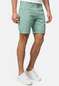 Hellgrüne Denim-Shorts mit umgeschlagenen Säumen, fünf Taschen, Metallbeschlägen und glatter Textur. Kombiniert mit weißen Sneakers.