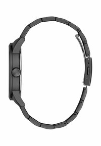 Orologio da polso in metallo nero con cassa rettangolare, finitura liscia e bracciale a maglie intrecciate. Presenta una corona rotonda sul lato.