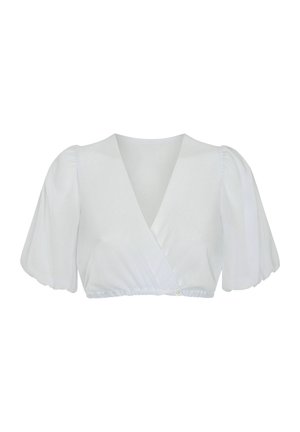 Weiße Cropped-Bluse mit puffigen kurzen Ärmeln, V-Ausschnitt mit Wickeloptik vorne und gesammeltem elastischem Saum mit kleinem Knopfverschluss.