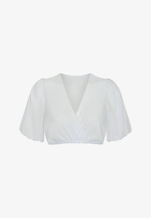 Weiße Cropped-Bluse mit puffigen kurzen Ärmeln, V-Ausschnitt mit Wickeloptik vorne und gesammeltem elastischem Saum mit kleinem Knopfverschluss.