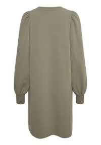 Olive green pulower ze długimi bufkami i ściągaczami, wykonany z miękkiego materiału. Posiada okrągły dekolt i luźny krój.