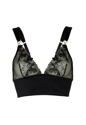 Bralette nera con coppe in pizzo trasparente con motivi floreali, fascia in tessuto morbido e spalline in satin regolabili con dettagli in hardware dorato.
