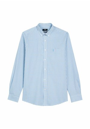 Długi rękaw, koszula na guziki w jasnoniebiesko-białą kratę, z kołnierzykiem i kieszenią na piersi po lewej stronie.