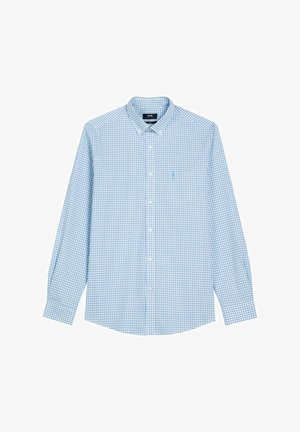 Długi rękaw, koszula na guziki w jasnoniebiesko-białą kratę, z kołnierzykiem i kieszenią na piersi po lewej stronie.