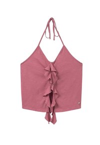 Top rosa con halter y detalle de volantes en la parte delantera, hecho de una tela texturizada; cuenta con tirantes atados y un pequeño acento metálico.