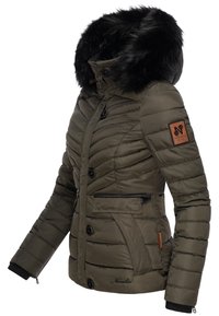 Khaki puffer jacket with a faux fur hood, button closures, zippered pockets, and stitched detailing. Features a logo patch on the sleeve.