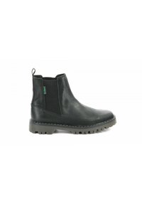 Black leather ankle boot with elastic side panels, a loop for easy pull-on, and a rubber outsole with a textured, rugged pattern.