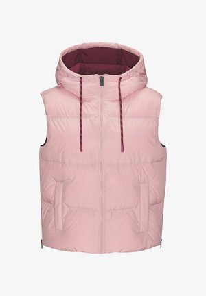 Pink padded vest with a hood, zipper front, and drawstrings. Features side pockets and a contrasting burgundy inner lining. Smooth texture.