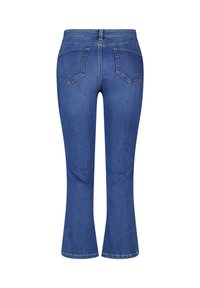 Blauwe denim flared jeans met een hoge taille, voorzien van twee achterzakken, gestikte details en rafelige zoom. Gladde textuur en klassieke snit.