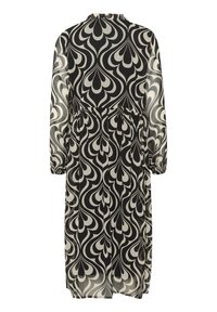 Robe à manches longues en noir et blanc avec une silhouette fluide, présentant un motif abstrait ondulé et des poignets élastiques aux manches.