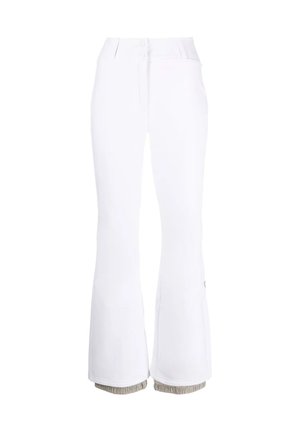 Pantaloni bianchi a zampa d'elefante con vita alta, due bottoni davanti e un orlo testurizzato per un tocco di dettaglio. Tessuto morbido con un design elegante.