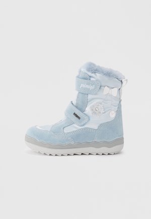 Blue suede and fabric boot with faux fur trim, two Velcro straps, decorative flower and bow accents, and textured rubber sole.
