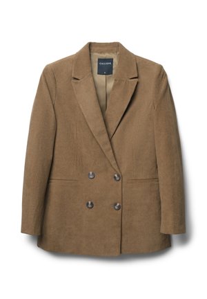 Blazer in velluto a coste marrone con davanti doppiopetto, risvolti a lancia e due bottoni. Presenta tasche laterali e una fodera interna liscia.