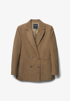 Brauner Cordblazer mit doppelreihiger Vorderseite, Revers mit Kerbe und zwei Knöpfen. Verfügt über Seitentaschen und ein glattes Innenfutter.