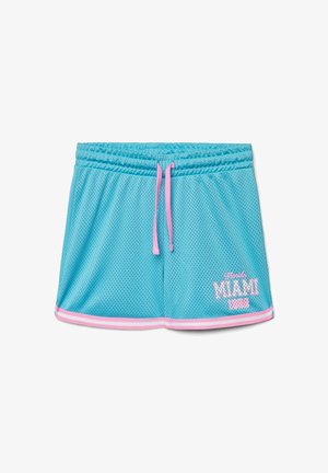 Pantaloncini in rete blu con coulisse e bordi rosa, con la scritta ricamata "Florida MIAMI 1983" sulla gamba destra anteriore.