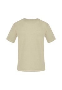 Beige Baumwoll-T-Shirt, kurze Ärmel, Rundhalsausschnitt, schlichtes Design, Rückansicht. Weiche Textur, ohne Muster oder Verzierungen.