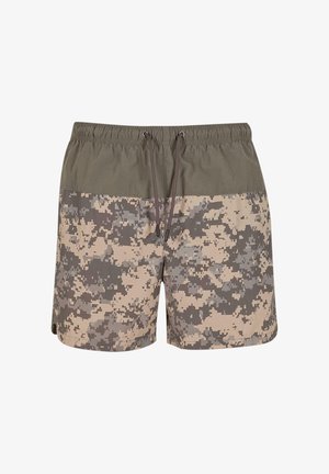 Vyrų maudymosi šortai su skaitmeniniu kamufliažo raštu smėlio ir pilkos spalvų atspalviuose, su vienalytėmis alyvinių spalvos juostomis ir reguliuojamu raiščiu.