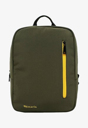 Olive green backpack with a smooth texture, featuring a yellow zipper pocket and a top handle. Brand logo in gold on the bottom right.