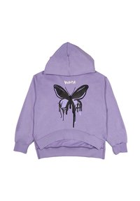 Felpa viola con una grafica di una farfalla nera che colava e testo bianco sopra la farfalla sul retro.