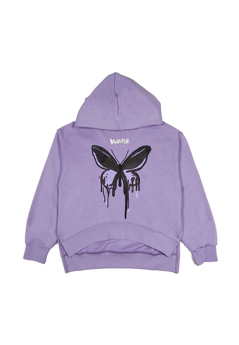 Felpa viola con una grafica di una farfalla nera che colava e testo bianco sopra la farfalla sul retro.