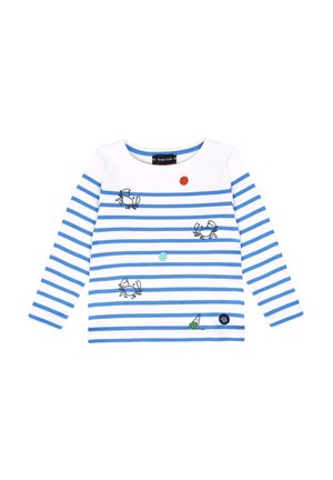 Chemise à manches longues avec des rayures horizontales blanches et bleues. Présente une broderie de crabe et de voilier, un col rond et un patch logo marine.