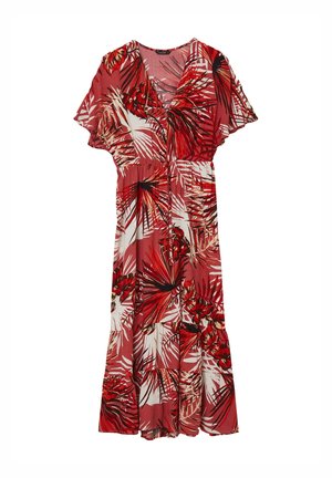 Abito lungo maxi con stampa tropicale rossa, maniche a sbuffo corte, scollo a V e vita arricciata su sfondo bianco.