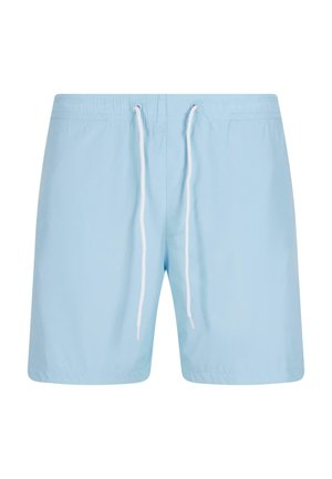 Light blue swim shorts made of quick-drying fabric, featuring an elastic waistband with a white drawstring and no additional patterns.