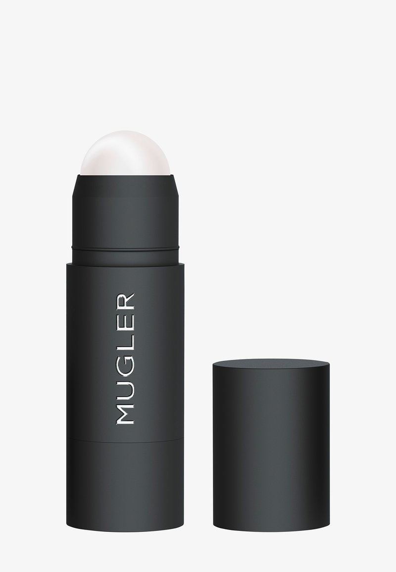 Bastone cilindrico nero con un cappuccio a cupola bianca. Caratterizzato da un branding argento "MUGLER". Accompagnato da un coperchio rotondo nero coordinato.