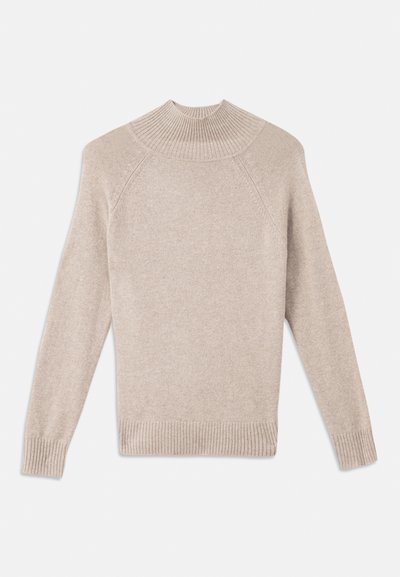 Svetlo bež pulover z teksturo, z visokim rebrastim ovratnikom, raglan rokavi ter rebrastimi manšetami in robom. Mehka, udobna pletenina.