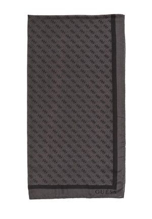 Black patterned scarf featuring a subtle logo design, edged with a solid black border and a "GUESS" label, made from soft fabric.