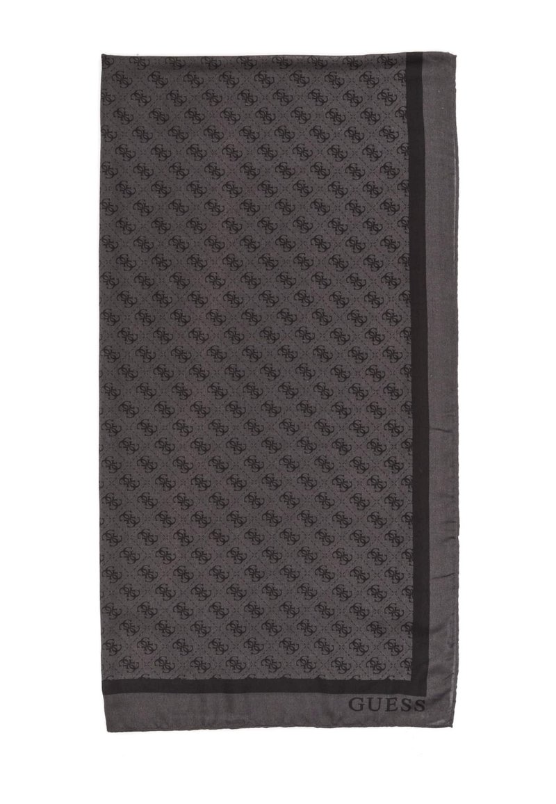 Écharpe noire à motif avec un design de logo subtil, bordée d'une lisière noire unie et d'une étiquette "GUESS", en tissu doux.