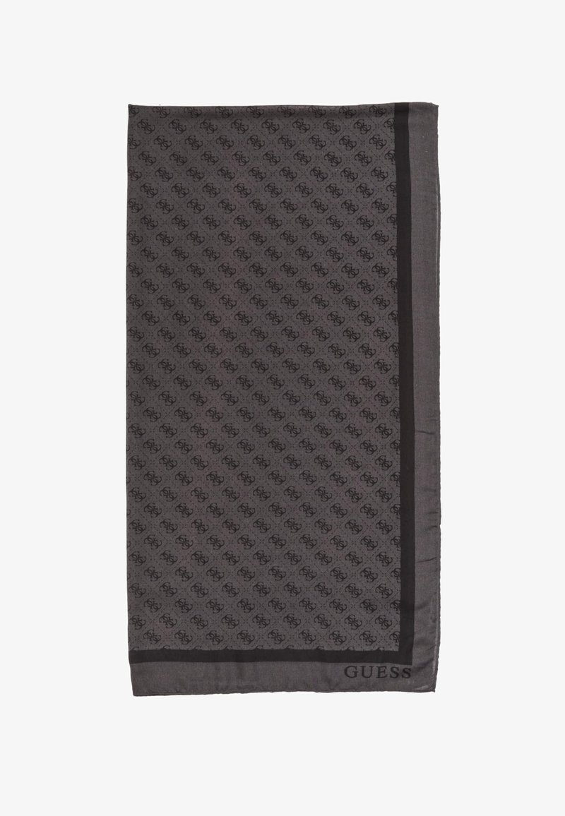 Black patterned scarf featuring a subtle logo design, edged with a solid black border and a "GUESS" label, made from soft fabric.